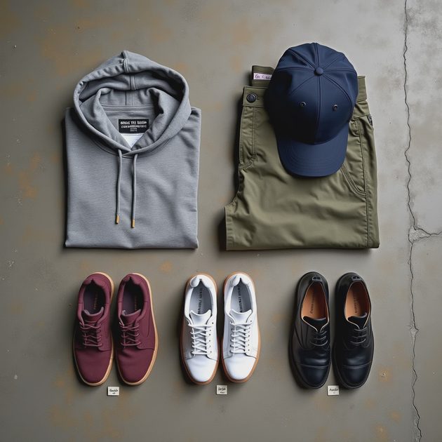 Today’s muted streetwear look: grey hoodie, navy cap, olive cargos — what shoes would improve it?
