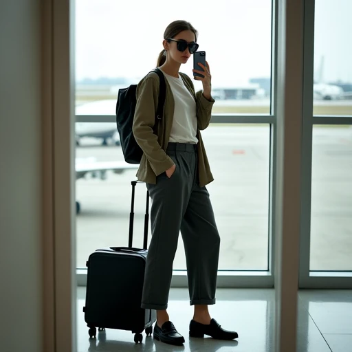 a full-body mirror selfie in an airport terminal showing a layered long-haul flight outfit that balances comfort and style.