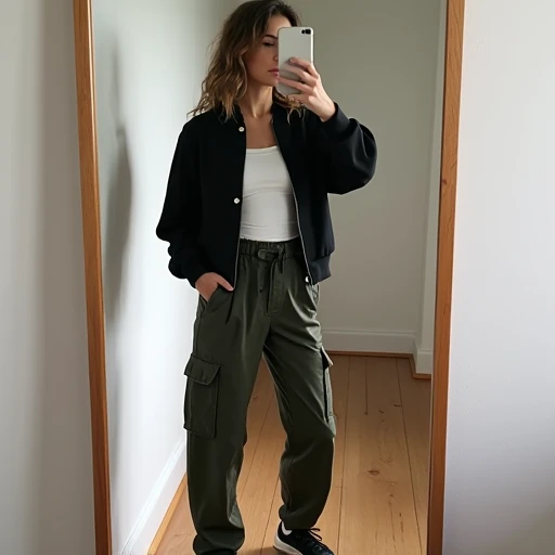 Black cropped bomber jacket with a ribbed hem hitting at the natural waist, worn open over a white tank with olive cargo pants and Sambas 