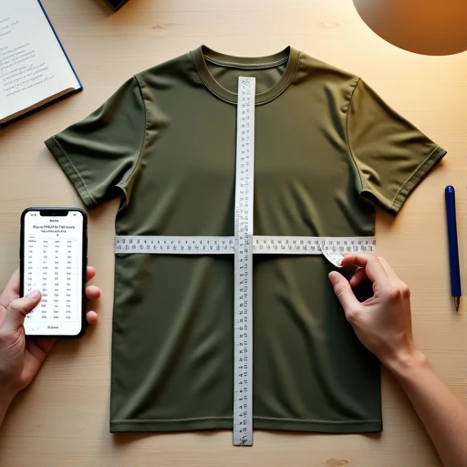 Smartphone with a brand size chart open next to an olive heavyweight tee measured with a fabric tape on a wooden desk, one hand holding the tape in place