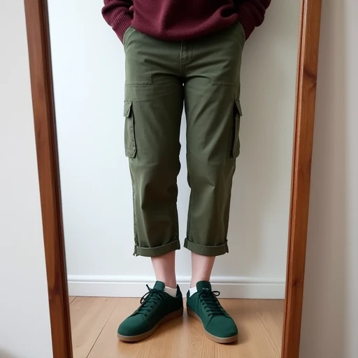 Dark green Adidas Samba sneakers with gum sole styled with slightly cropped olive cargo pants and a burgundy crewneck sweater.