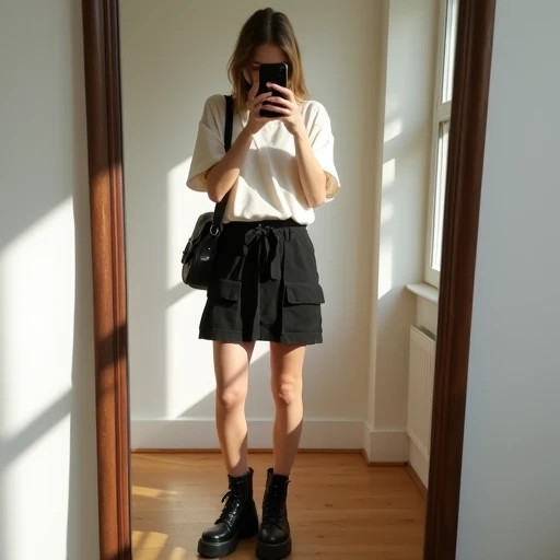 Black cargo skirt with utility pockets styled with a cream structured boxy tee and chunky-soled black combat boots, plus a black leather crossbody belt bag