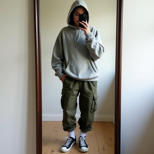 Petite woman at 158 cm wearing an oversized grey hoodie with pushed-up sleeves exposing the forearm, olive cropped cargo pants revealing the ankle, and chunky black loafers 