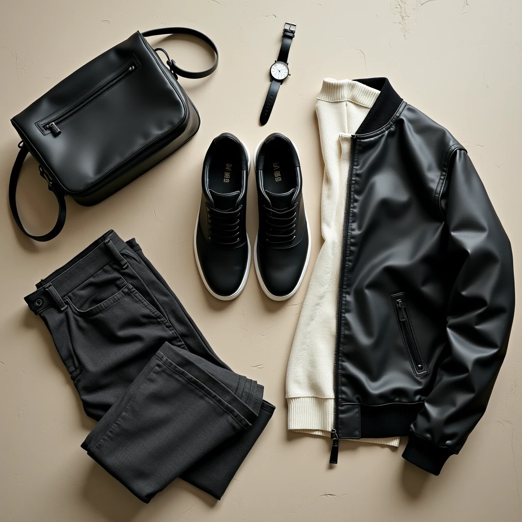 Black leather sneakers, structured bomber jacket, cream knit, charcoal tailored-cargo trousers, and a black shoulder bag with a silver watch arranged in a flat-lay on textured cream concrete 