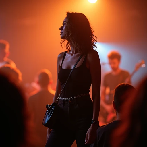 Black fitted tank and relaxed black trousers with a silver chain belt at the hip and pointed-toe flat boots, worn inside a dimly lit indie music venue