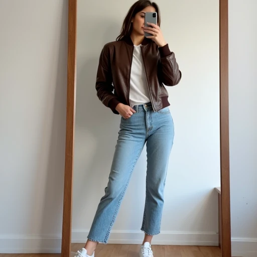 Chocolate brown faux-leather bomber with synthetic sheen, collapsed dropped shoulders, and mid-hip length on a 163 cm frame