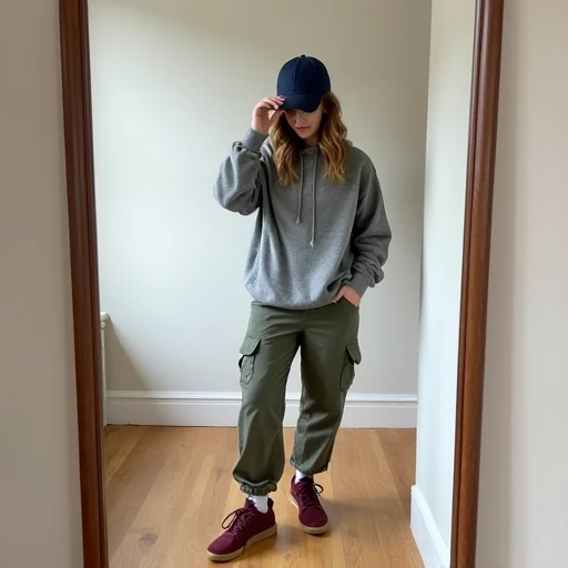Grey oversized hoodie, navy baseball cap, and olive cargo pants styled with burgundy suede Sambas in a full-body mirror selfie 