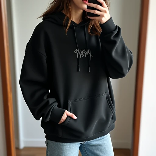 Black Stussy heavyweight hoodie with subtle black-on-black logo worn oversized