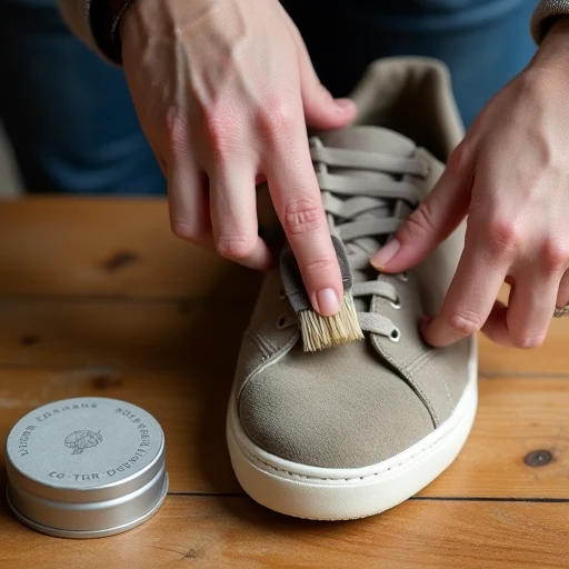 Hands actively brushing a worn taupe suede sneaker with visible darkening at the toe and a faint mark near the heel, suede eraser and protector spray nearby