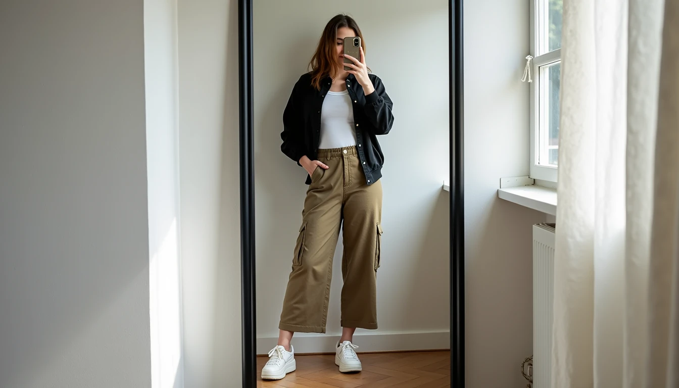 Mid-rise khaki cargo pants in a relaxed wide-leg cut with flat pockets and soft drape, styled with a white fitted baby tee, black cropped bomber jacket, and chunky white platform sneakers