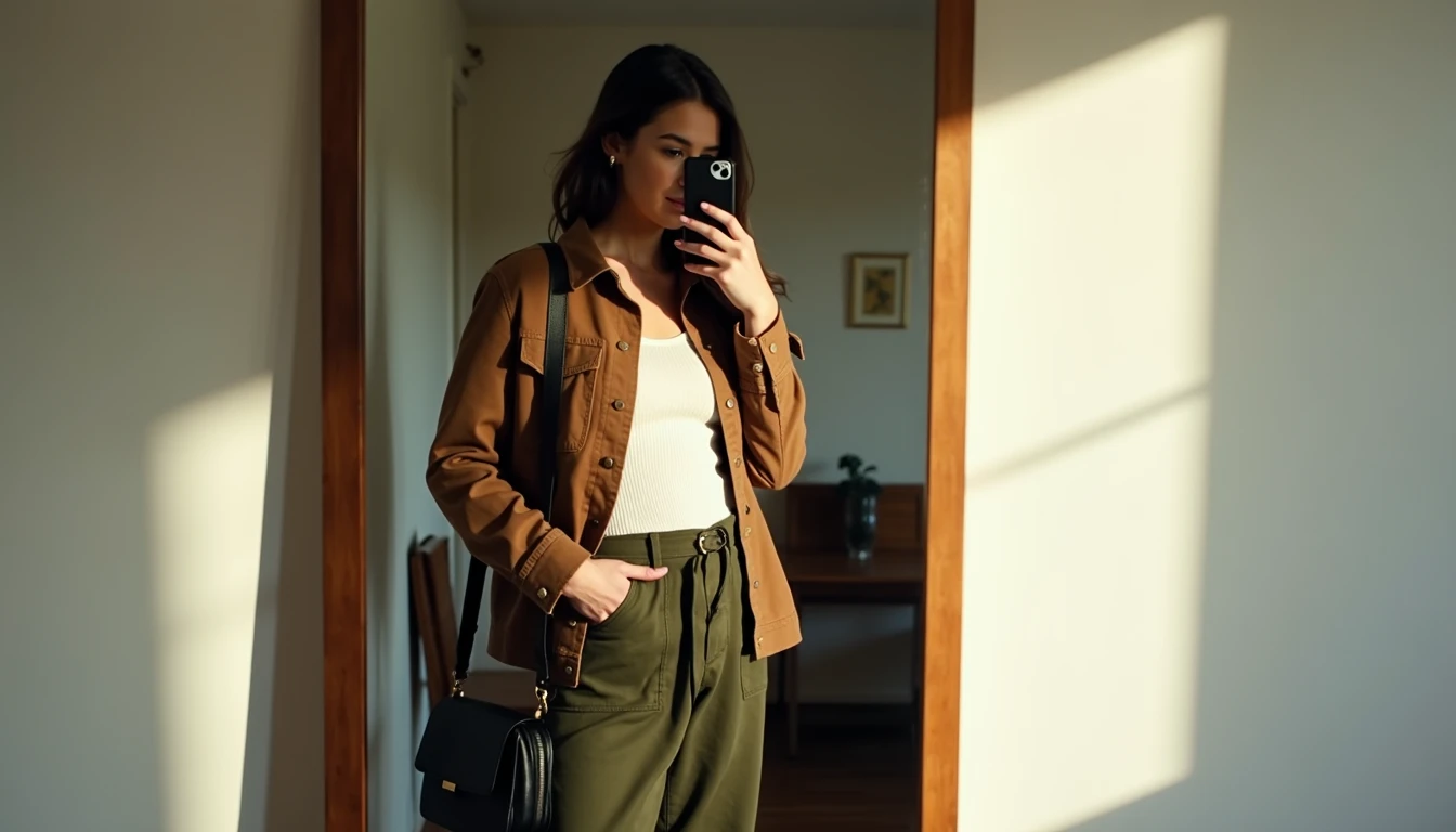 Brown waxed canvas Carhartt WIP Detroit Jacket worn open over a white ribbed tank with olive cargo pants and black leather lug-sole loafers