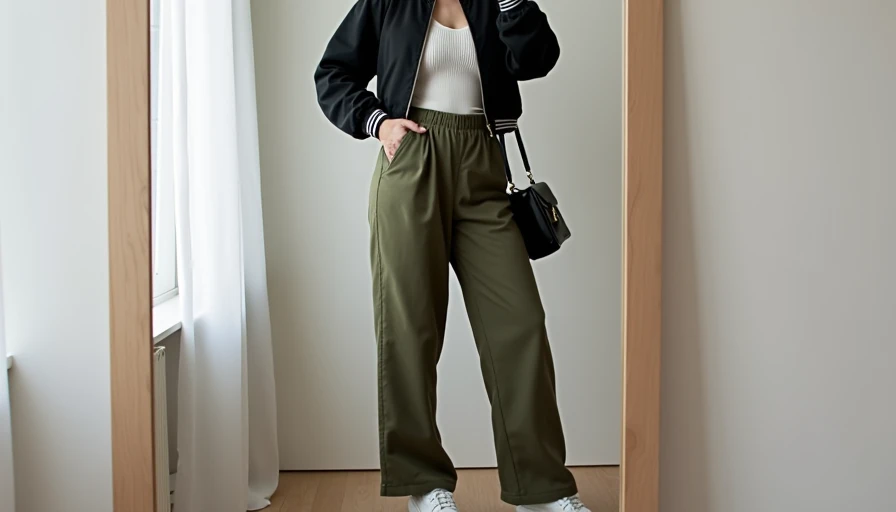 Pear-shaped woman wearing low-rise olive cargo pants in a soft A-line cut with flat side pockets